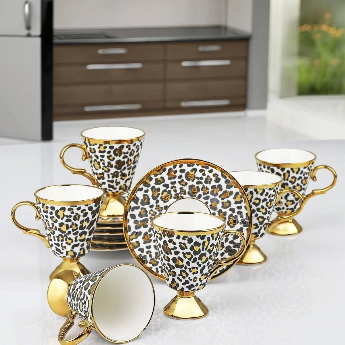 Kosova Beyaz Gold Leopar Ayaklı 6 Kişilik Porselen Kahve Fincan Takımı 90 ml
